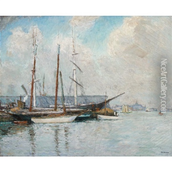 Boats In A Harbor (port Of Philadelphia) Oil Painting - Frederick R. Wagner