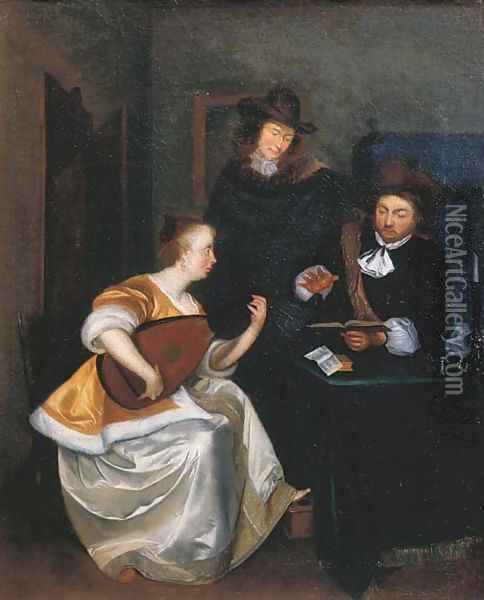 A woman playing the theorbo accompanied by two gentlemen, in an interior Oil Painting - Gerard Ter Borch