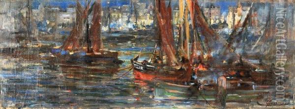 Marinha - Barcos, Figuras E Casa Oil Painting - Lievin Herremans
