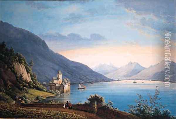 A View of the Lake of Geneva, with people near a vineyard in the foreground looking at sailing-boats and a castle beyond Oil Painting - Henri Knip