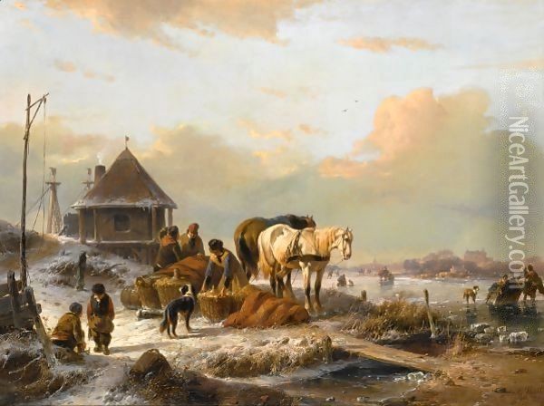 A Winter Landscape With Figures Loading A Horse Sleigh Oil Painting - Andreas Schelfhout