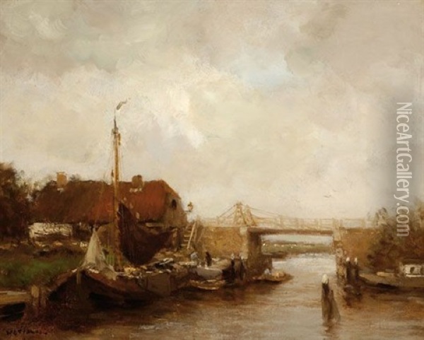 Moored Ships By A Bridge Oil Painting - Willem George Frederik Jansen
