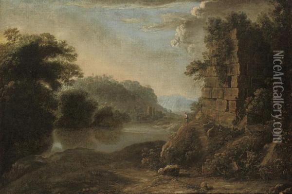 An Italianate Wooded River Landscape With A Figure By A Ruin Oil Painting - Gillis Neyts