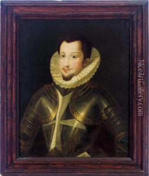 Portrait Of A Knight Of Malta, Half Length, Wearing Armor Oil Painting - Alonso Sanchez Coello