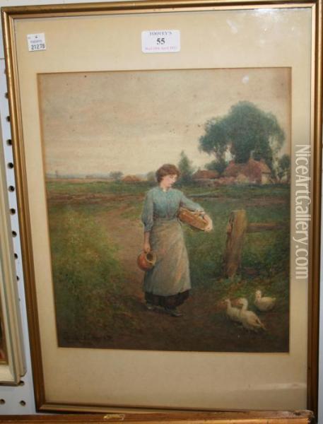 Woman Walking Past Ducks In A Rural Landscape Oil Painting - George Whyatt