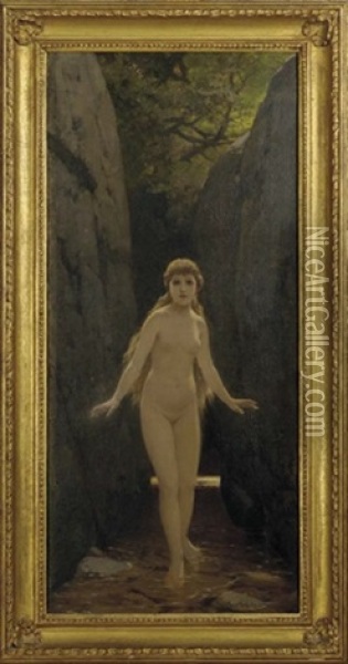 Nude Nymph In A Forest Oil Painting - Paul Thumann