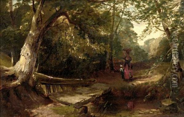 Woman And Child In A Woodland Oil Painting - Henry Bright