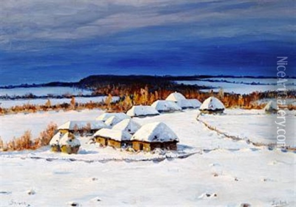 Moonlight Over A Winter Landscape Oil Painting - Jakov Ivanovich Brovar