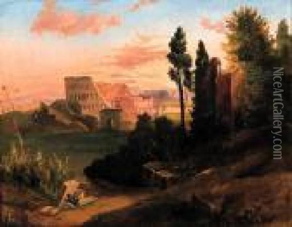 Tramonto Al Colosseo Oil Painting - Johann Jakob Frey