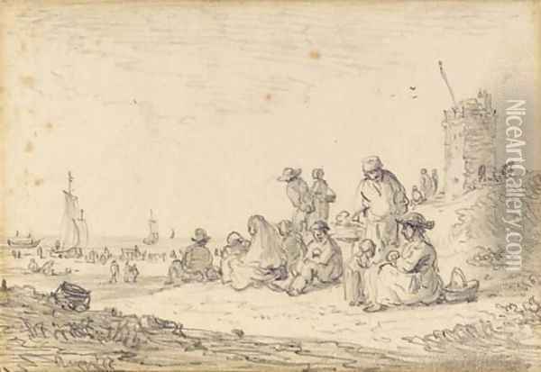 Figures seated among dunes, a tower to the right, ships drawn up on the beach beyond Oil Painting - Jan van Goyen