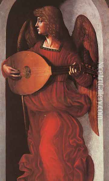 Angel in Red with a Lute 1490 Oil Painting - Associate of Leonardo da Vinci
