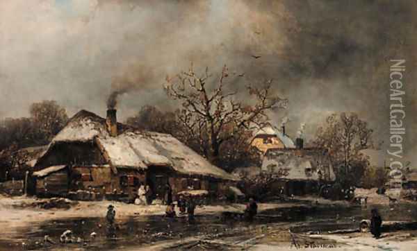 A frozen village in winter Oil Painting - Adolf Stademann