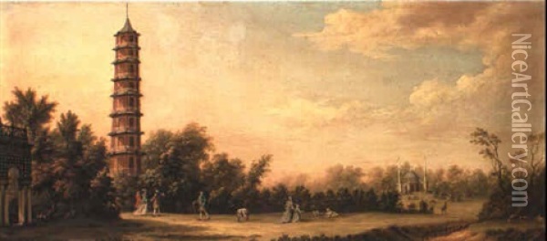 Elegant Figures Walking In The Gardens At Kew By The Pagoda Oil Painting - William Marlow