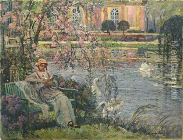 Young Woman Near The Pond Oil Painting - Eugene Chigot