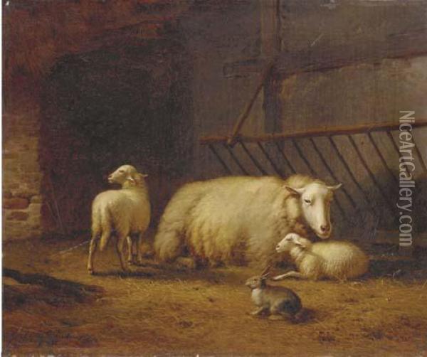 Sheeps And A Rabbit In A Stable Oil Painting - Eugene Joseph Verboeckhoven