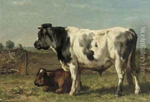 A bull and a calf in a meadow Oil Painting - Johannes-Hubertus-Leonardus de Haas