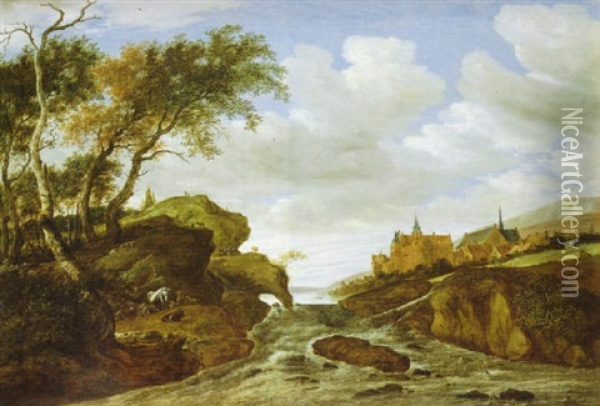 Rocky Landscape With Waterfall Oil Painting - Salomon van Ruysdael