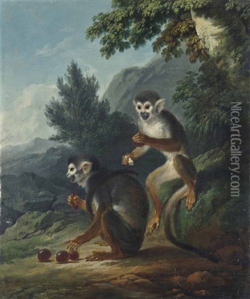 A Wooded Landscape With Two Monkeys Eating Grapes Oil Painting - Philip James de Loutherbourg
