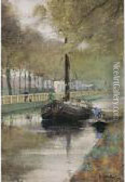 A Moored Boat In A Canal Oil Painting - Floris Arntzenius