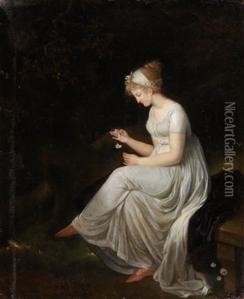 Junge Dame In Empirekleid, An Einer Margueriten-blute Zupfend Oil Painting - Jacques Sablet