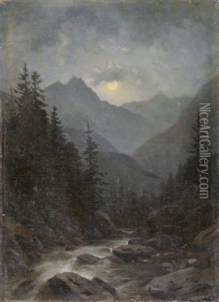 Walliser Waldlandschaft Mit Bach Bei Mondschein Oil Painting - Jean Philippe George-Julliard