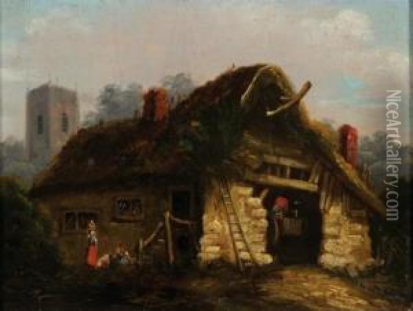 Figures At A Barn Oil Painting - George Moreland