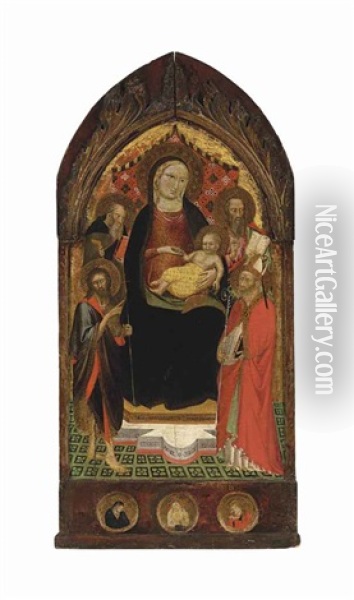 The Madonna And Child Enthroned, With Saints John The Baptist, Anthony Abbot, A Bishop Saint, And An Evangelist Oil Painting - Battista Di Biagio Sanguigni