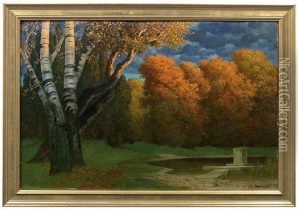 Herbstliche Parklandschaft Mit Einem Postament Am Weiher Oil Painting - Eduard Rudisuhli