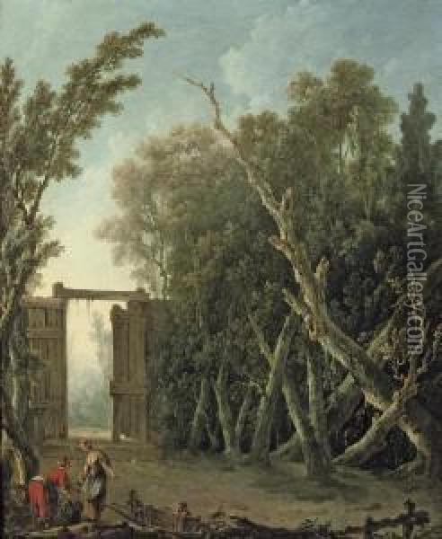 A Wooded Garden With A Gate And Figures In The Foreground Oil Painting - Nicolas-Jacques Juliard