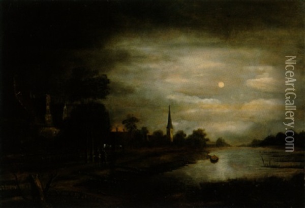 Hollandische Nachtlandschaft Bei Mondschein Oil Painting - Anthonie Van Borssom