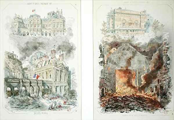 The Palais Royal and the Theatre de la Porte Saint Martin before and after the fire of 1871 Oil Painting - Coindre, Victor