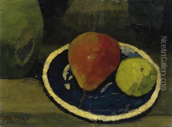 Birne Und Apfel In Blauer Schale Oil Painting - Hans Bruhlmann