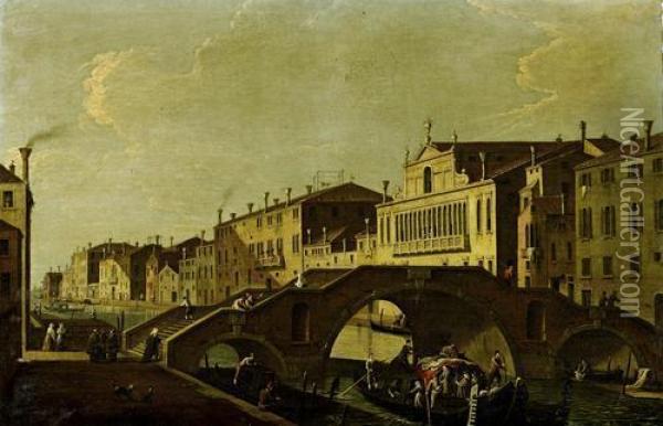 Cannaregio With The Ponte Tre Archi And Palazzo Valier, Venice Oil Painting - Bernardo Canal