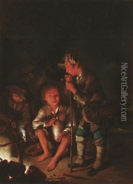 Kinder Am Feuer (+ Another, Similar; 2 Works) Oil Painting - Johann Conrad Seekatz