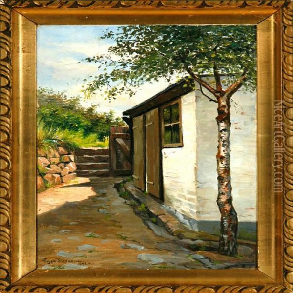 A Birch Tree In Front Of A White Washed House Oil Painting - Viggo Rasmus Simesen