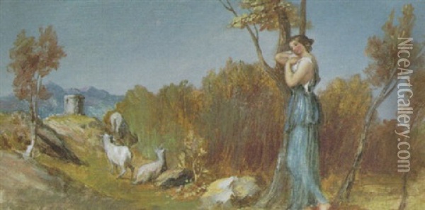 A Shepherdess And Sheep In Rocky Landscape Oil Painting - Edward Calvert