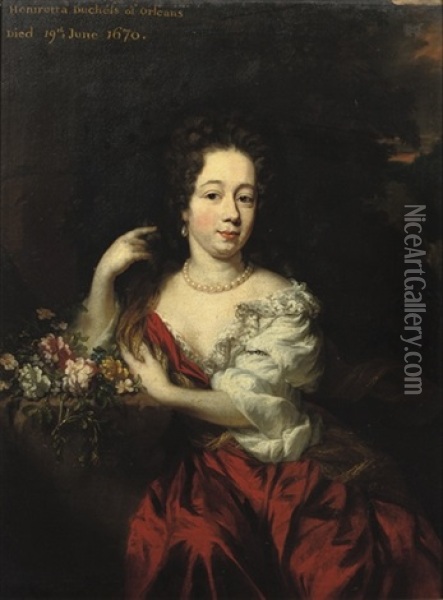 Portrait Of A Lady, In A Red Dress And White Chemise, Flowers By Her Side (henrietta Maria Of Orleans?) Oil Painting - Nicolaes Maes