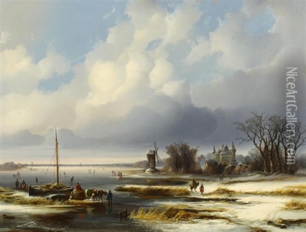Vereiste Hollandische Winterlandschaft Oil Painting - Josef Karl Berthold Puettner