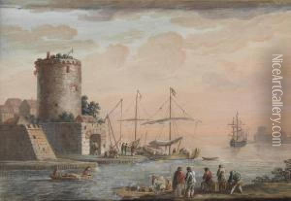 Pecheurs A L'entree D'un Port Fortifie Oil Painting - Henri-Desire Van Blarenberghe