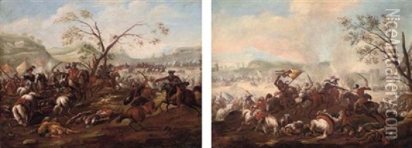 A Cavalry Battle Between Christians And Turks (+ A Cavalry Battle Between Christians And Turks, A Fortress Beyond; Pair) Oil Painting - Francesco Simonini