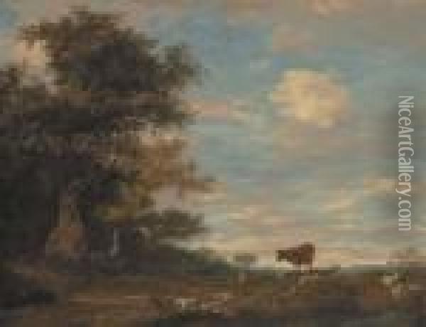 A Shepherd And His Dog Resting In A Wooded Landscape Oil Painting - Jacob Salomonsz. Ruysdael