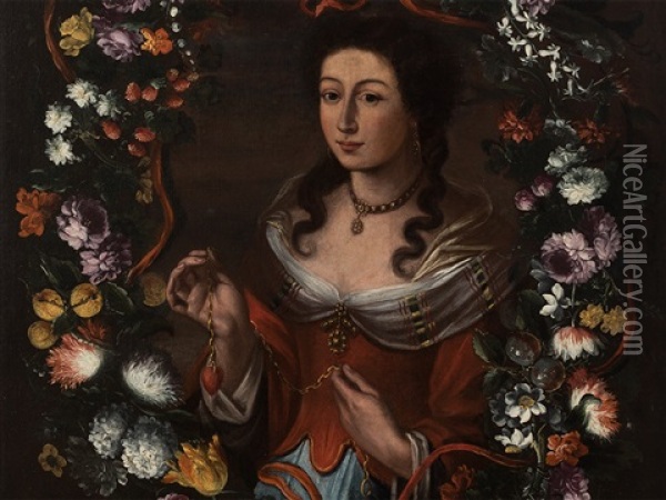 Lady In Blossom Wreath Oil Painting - Giovanni Stanchi
