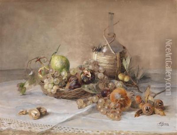 A Still Life With Fruits And A Bottle Of Chianti Oil Painting - Marie Egner