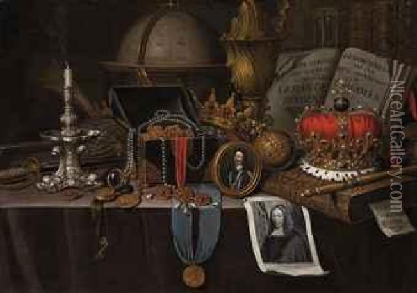 A Vanitas With A Medallion Of Henri Iv Of France, A Candlestick,globe And Other Objects, On A Draped Table Oil Painting - Edward Collier