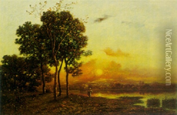 Fishing At Sunset Oil Painting - Leon Richet