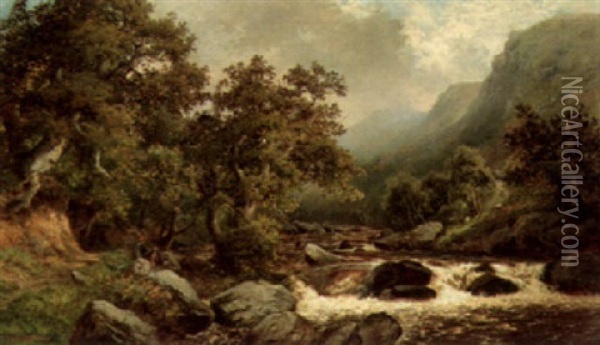 Two Figures On The Banks Of A Cascading River Oil Painting - Walter Wallor Caffyn