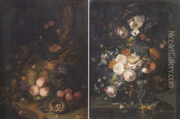 Tulips, Carnations, Roses, Peonies, Morning Glory And Other Flowers In A Glass Vase On A Ledge Oil Painting - Rachel Ruysch