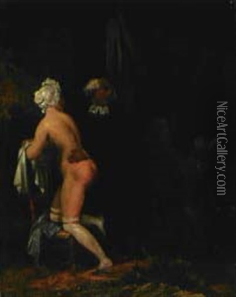 Erotische Szene In Der Bibliothek Mit Einer Jungen Zofe Oil Painting - Achille Jacques Jean Marie Deveria