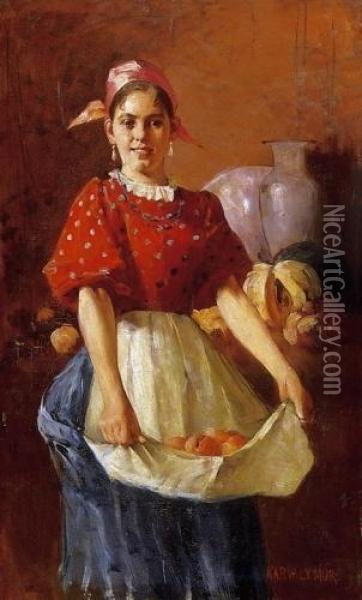 Girl With Fruit Oil Painting - Mor Karvaly