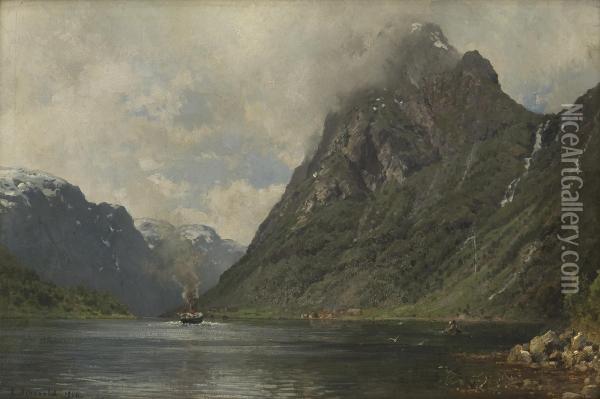 Fjordlandskap Med Dampbat Og Folkeliv Oil Painting - Anders Monsen Askevold